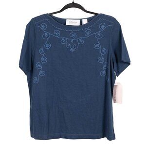 Villager Liz Claiborne Embroidered TShirt L NEW Blue Beaded BoatNeck Cotton
